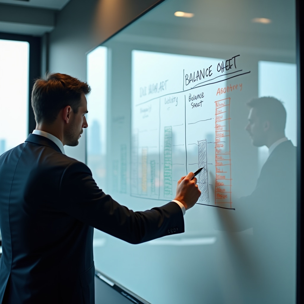 Analisi dello stato patrimoniale su lavagna durante workshop