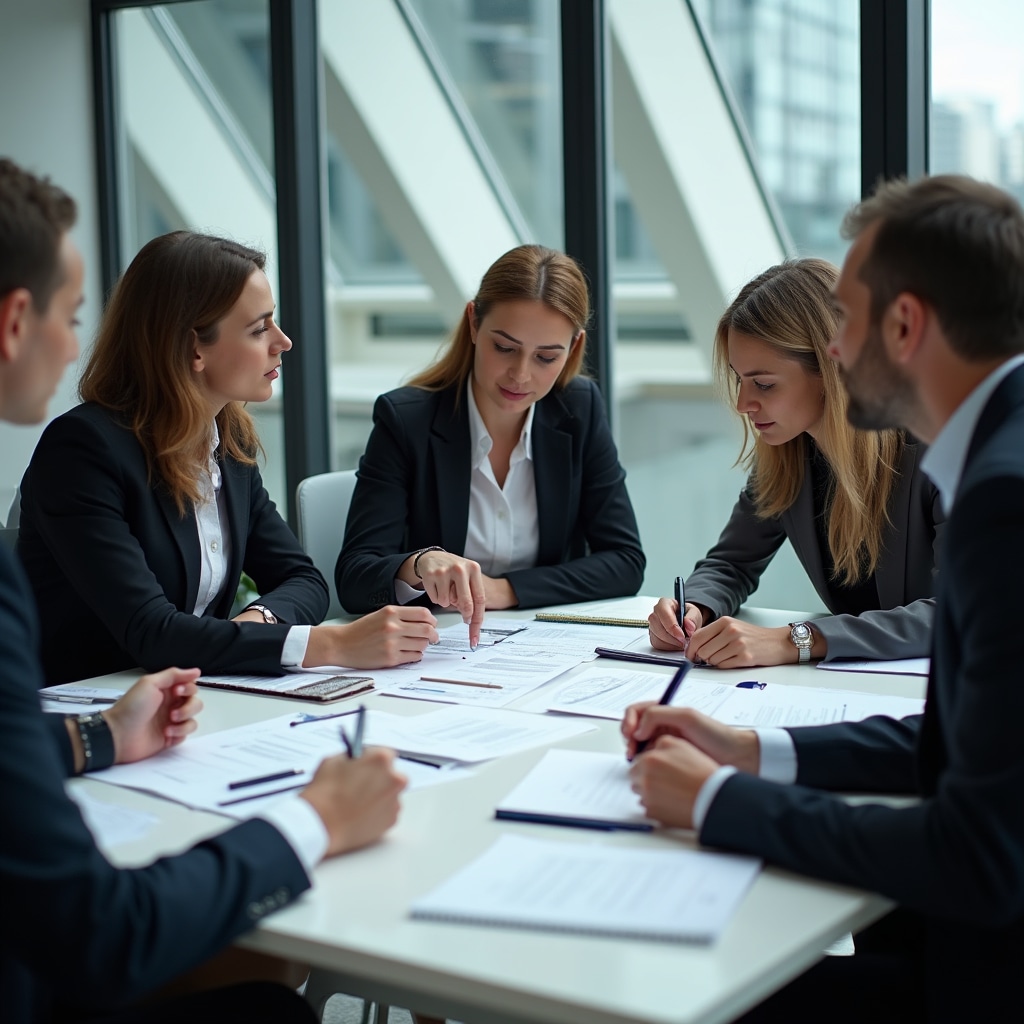 Gruppo di imprenditori che studia il conto economico