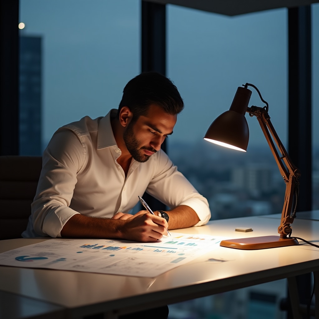 Imprenditore che analizza documenti finanziari alla scrivania